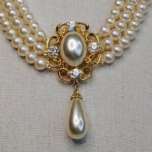 Vintage Triple Strand Faux Pearl Choker with Gold Tone Floral Pendant